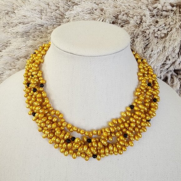 Multi Strand Freshwater Gold Pearl Necklace Choker 925 Sterling Silver Clasp - Picture 6 of 11